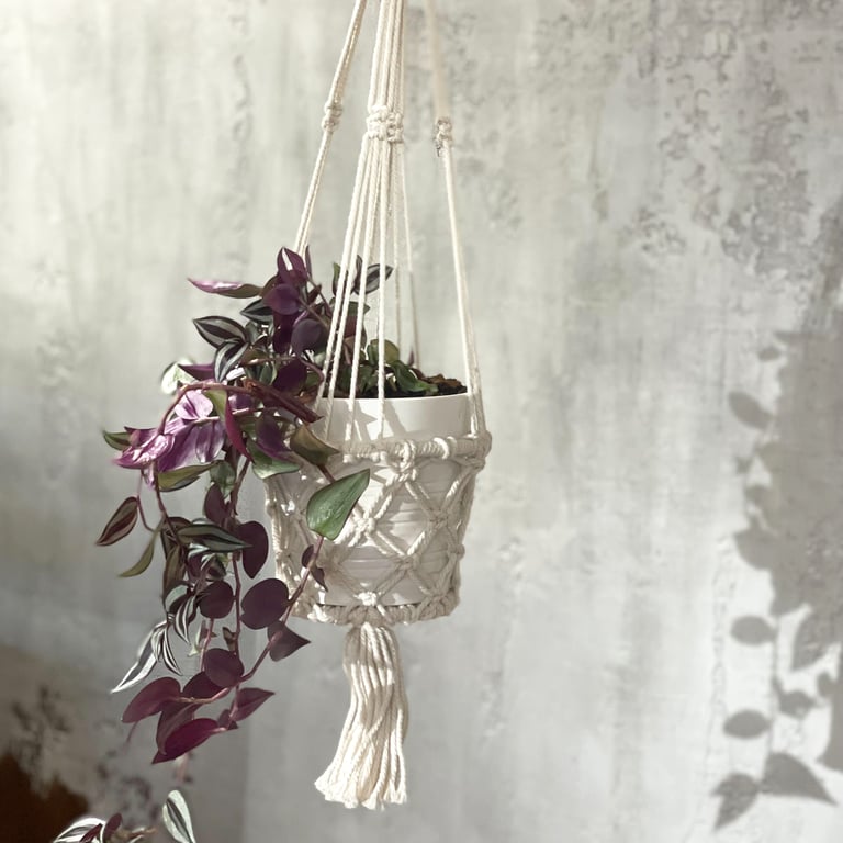 Handmade Small Macrame Pot Holder - Boho Kitchen Decor Accessory