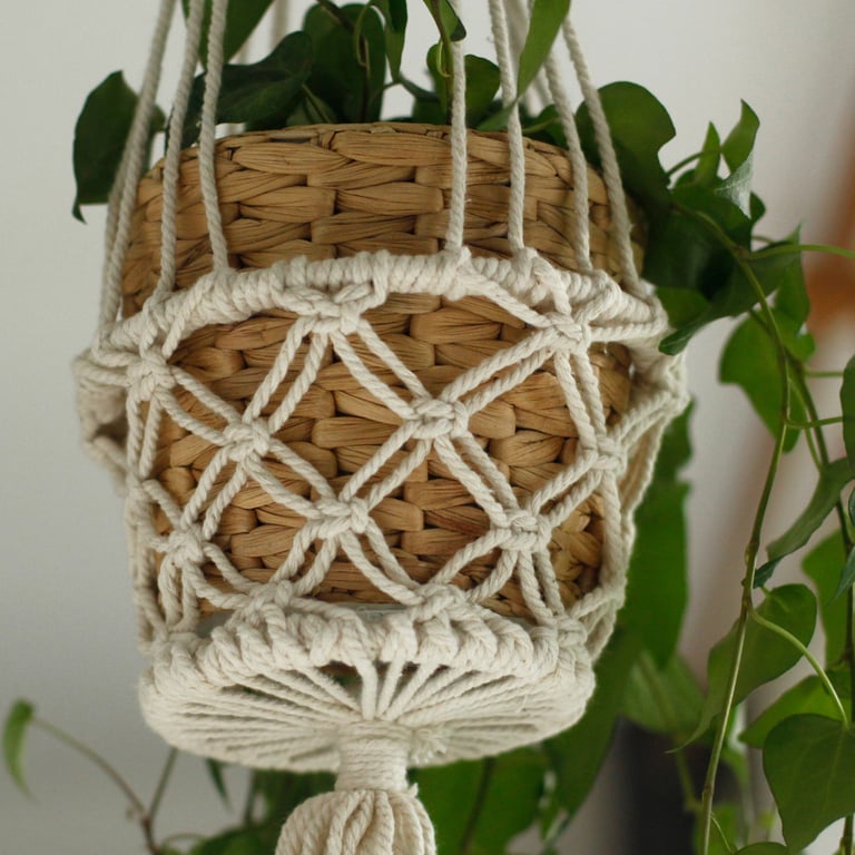 Handmade Small Macrame Pot Holder - Boho Kitchen Decor Accessory