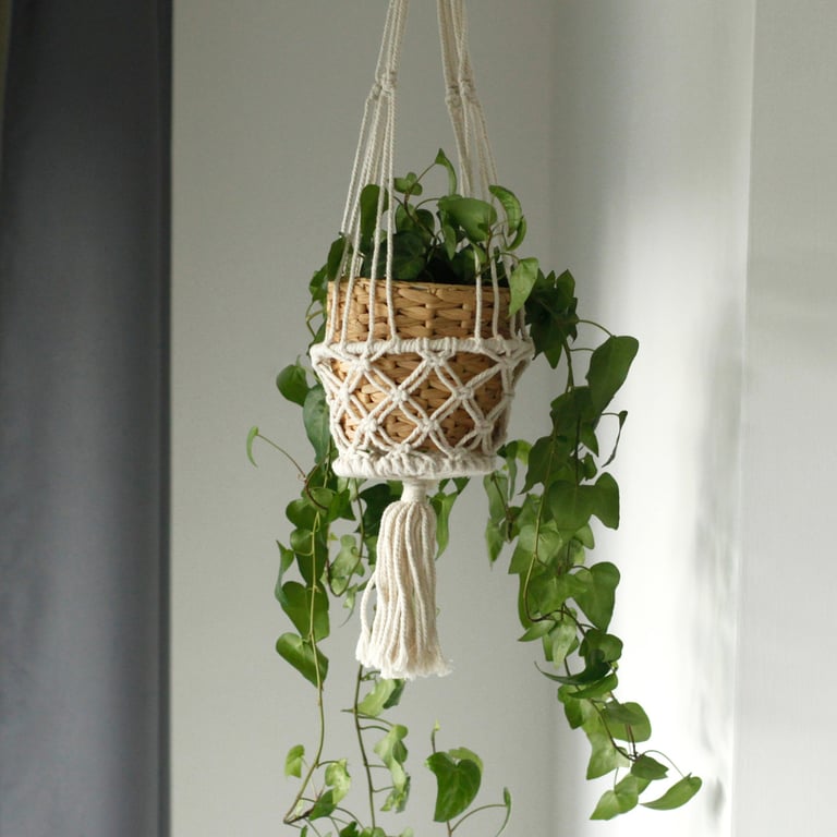 Handmade Small Macrame Pot Holder - Boho Kitchen Decor Accessory
