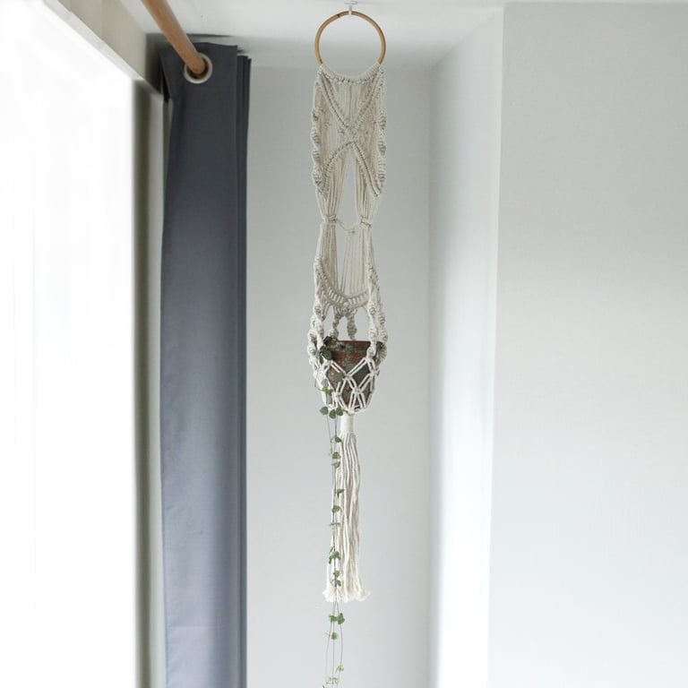 Macrame Pot Holder (Long with Rattan Hoop) - Durable Handmade Accessory