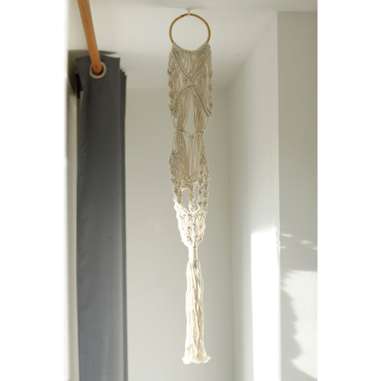 Macrame Pot Holder (Long with Rattan Hoop) - Durable Handmade Accessory