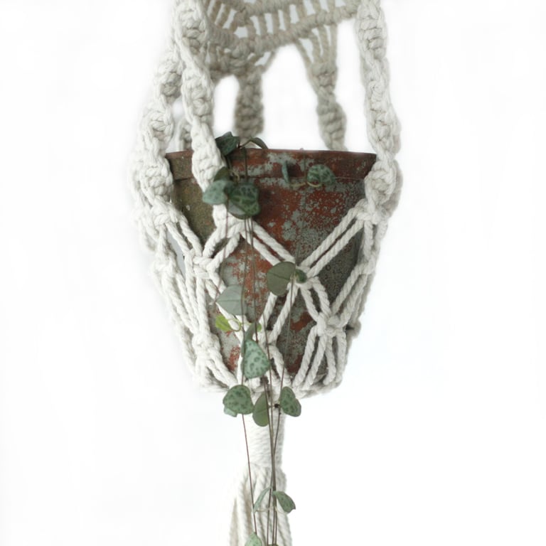 Macrame Pot Holder (Long with Rattan Hoop) - Durable Handmade Accessory