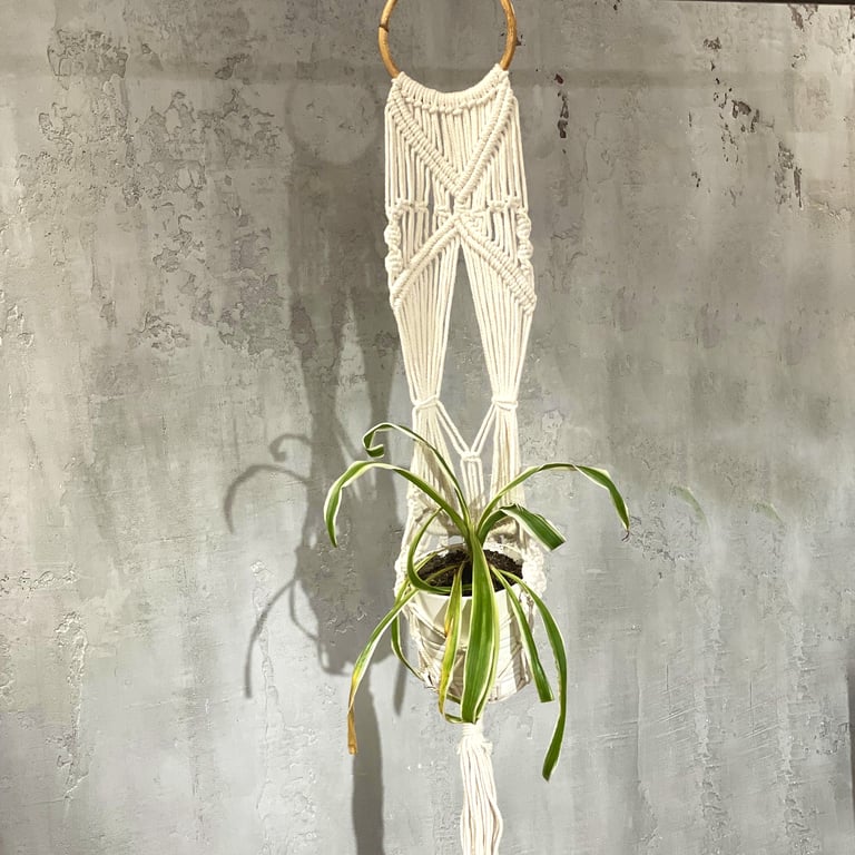 Macrame Pot Holder (Long with Rattan Hoop) - Durable Handmade Accessory