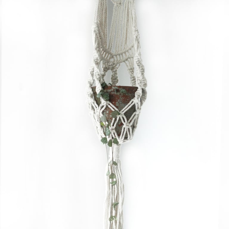 Macrame Pot Holder (Long with Rattan Hoop) - Durable Handmade Accessory