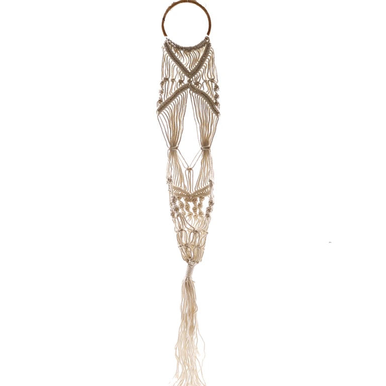 Macrame Pot Holder (Long with Rattan Hoop) - Durable Handmade Accessory