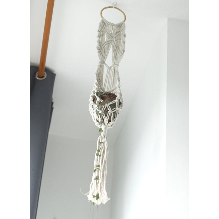 Macrame Pot Holder (Long with Rattan Hoop) - Durable Handmade Accessory