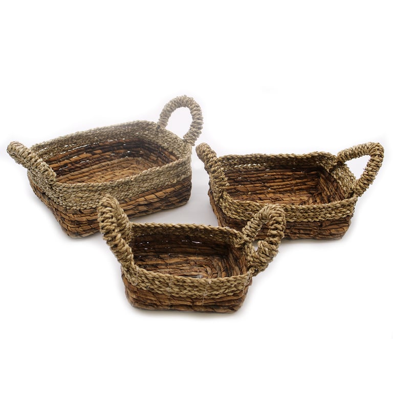 3 Piece Seagrass & Banana Leaf Square Baskets - Durable Eco-Friendly Set
