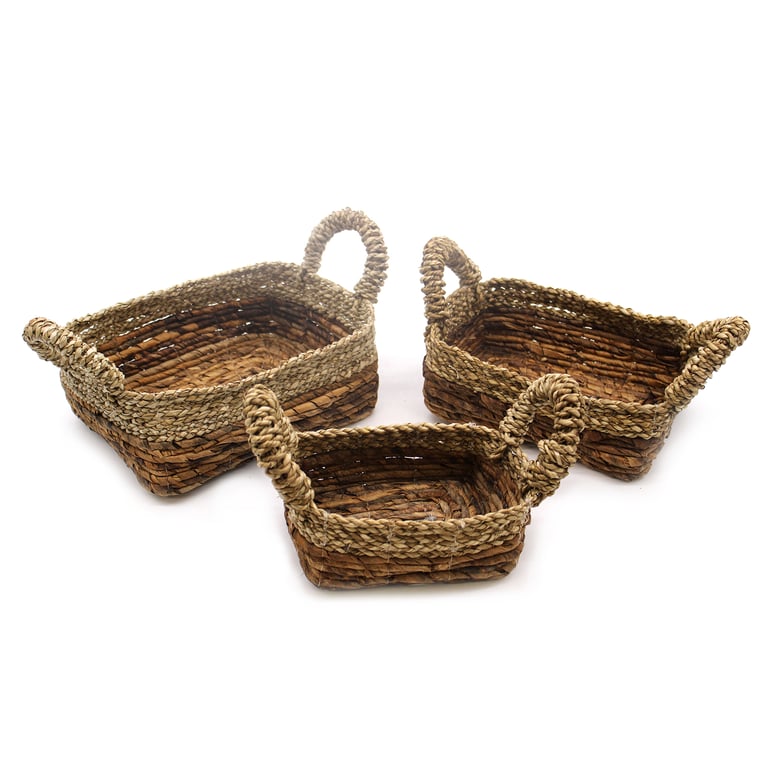 3 Piece Seagrass & Banana Leaf Square Baskets - Durable Eco-Friendly Set
