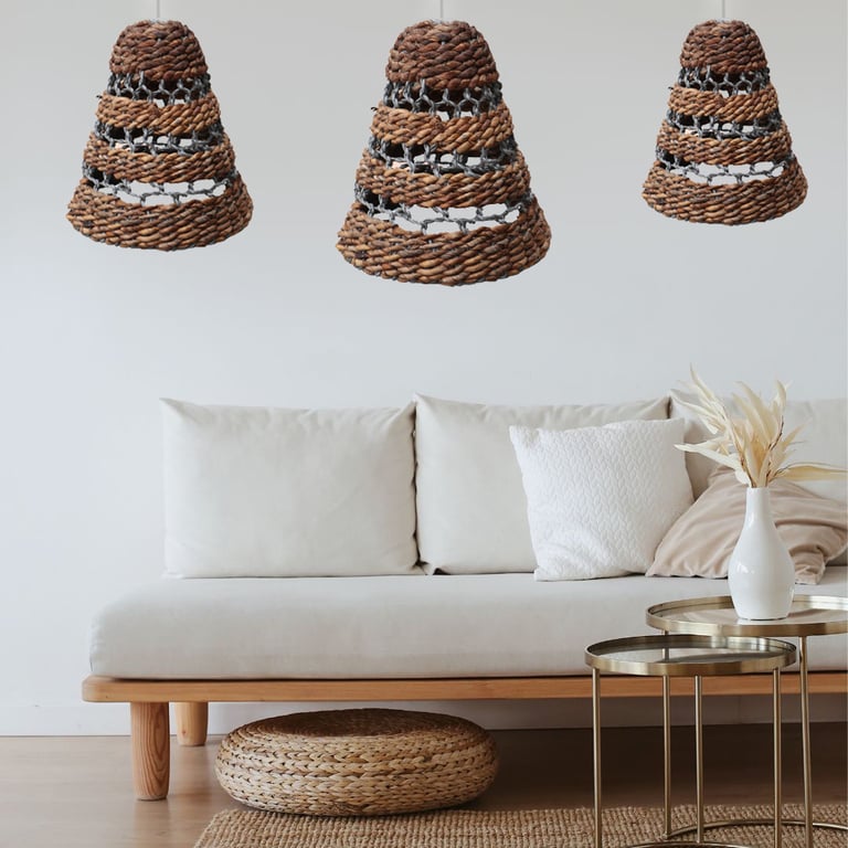 3 Pcs Natural Banana Leaf & Hitam Raffia Lamp Shades - Eco-Friendly Home Decor