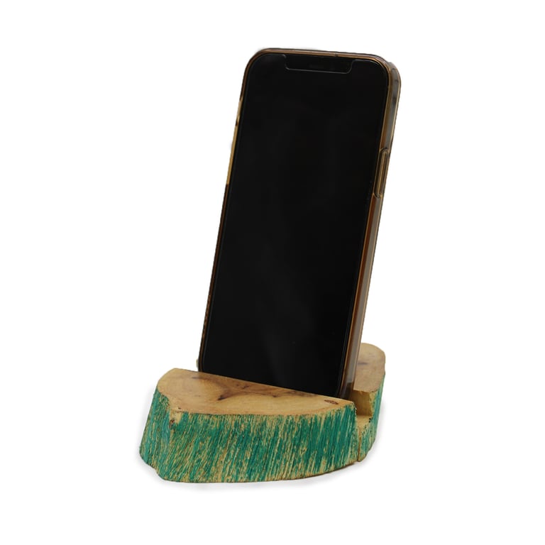 Large Gamal Wood Phone Holder - Green Washed Wooden Decor for Home Office or Living Room