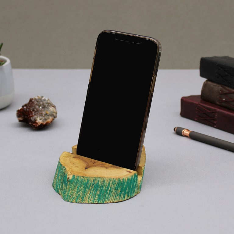 Large Gamal Wood Phone Holder - Green Washed Wooden Decor for Home Office or Living Room