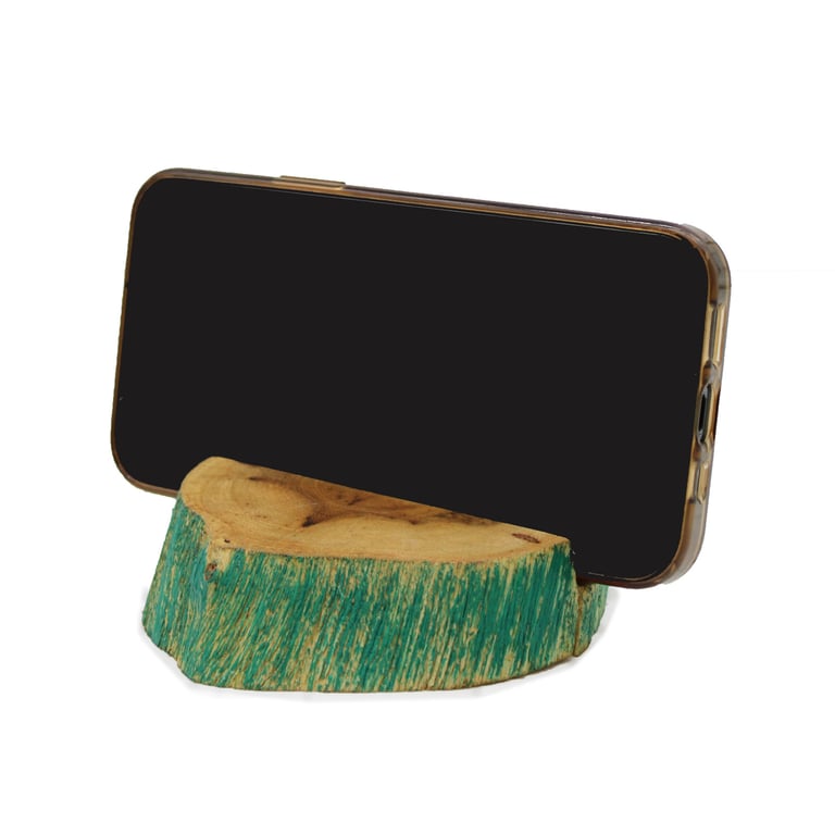 Large Gamal Wood Phone Holder - Green Washed Wooden Decor for Home Office or Living Room