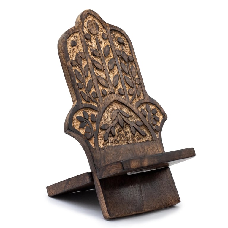 Wooden Hamsa Phone Stand - Unique Home Decor Wall Mount Wooden Carved Holder