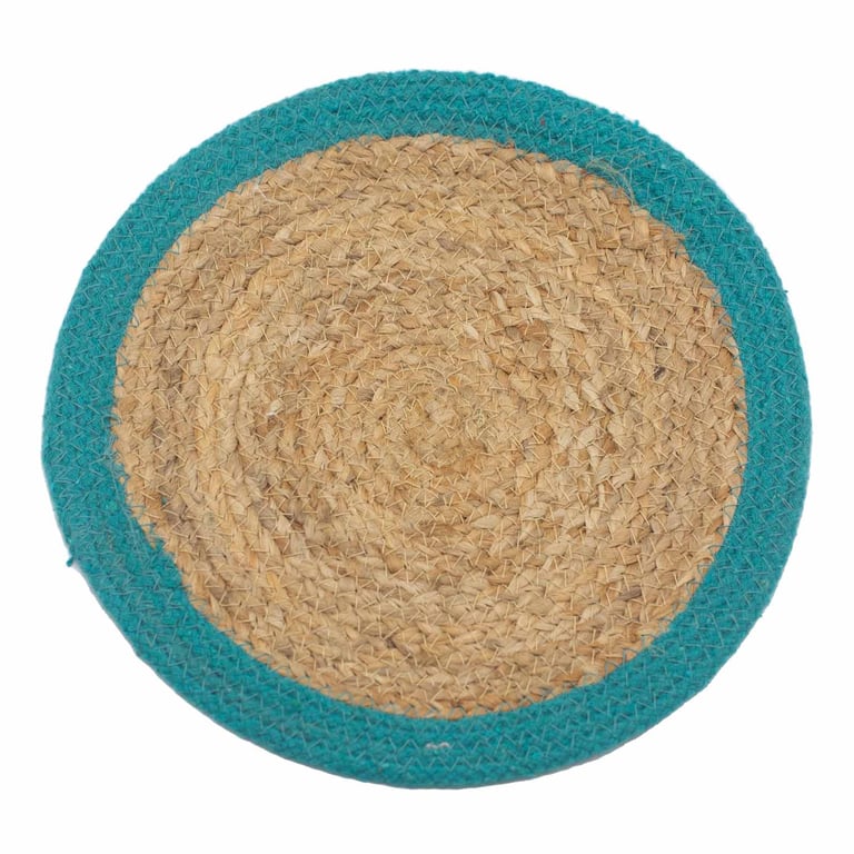 Natural Jute & Cotton Place Mat with Teal Border - Eco-Friendly Home Decor