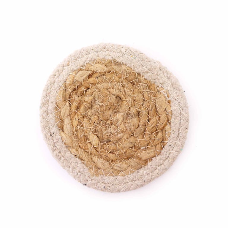 Natural Coaster Set - Jute & Cotton 4pc with Ivory Border