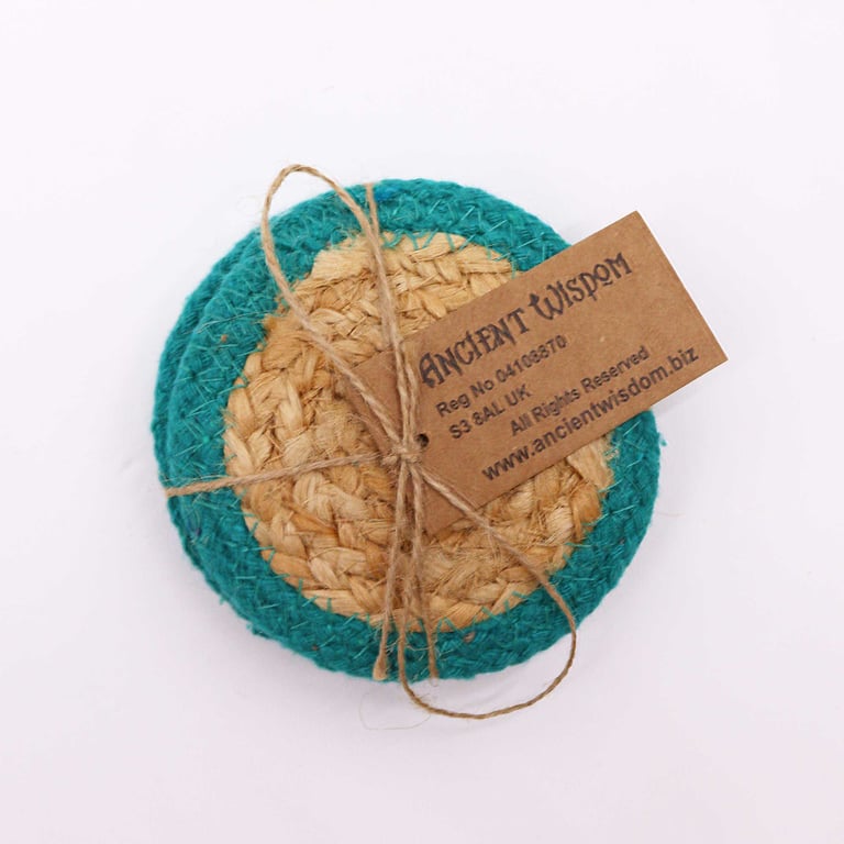 Natural Jute & Cotton Coasters - Set of 4 with Teal Border, Eco-Friendly Home Decor Kitchen Accessory
