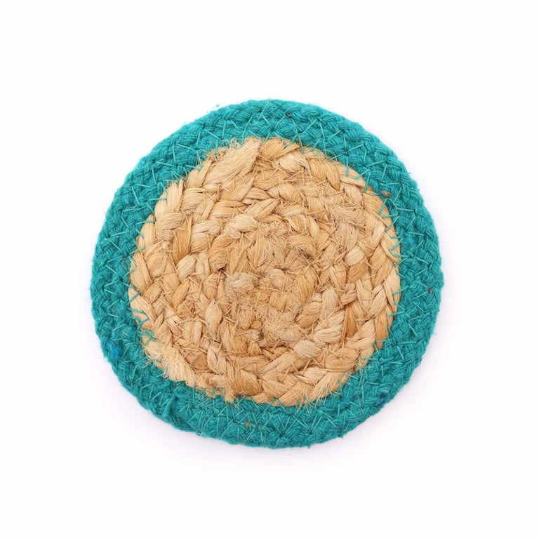 Natural Jute & Cotton Coasters - Set of 4 with Teal Border, Eco-Friendly Home Decor Kitchen Accessory