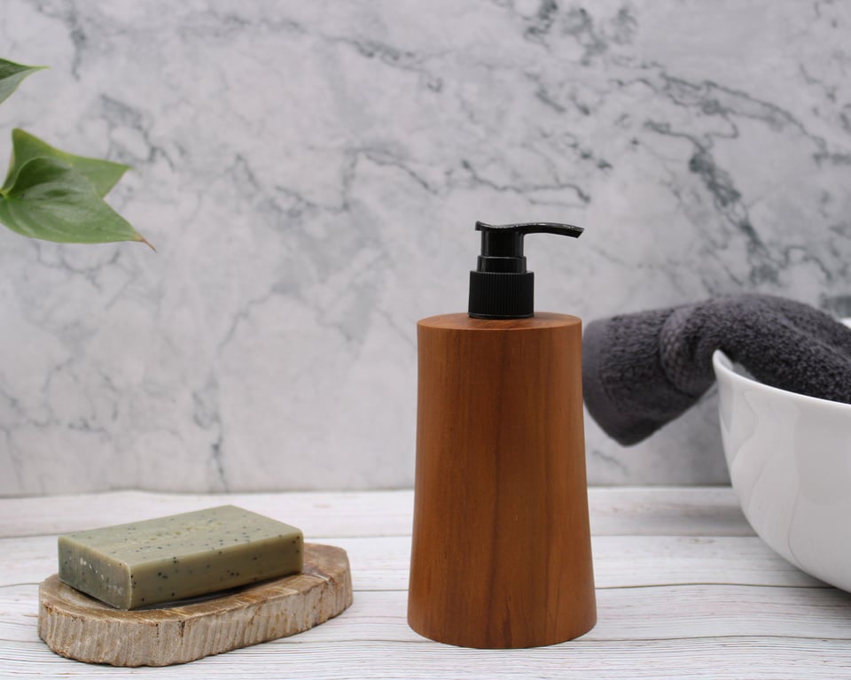 Teakwood Soap Dispenser (Natural) - Taper Design - Your Brand Name