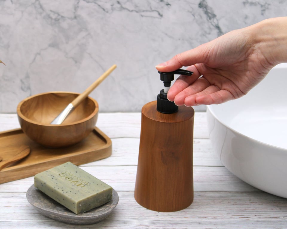 Teakwood Soap Dispenser (Natural) - Taper Design - Your Brand Name