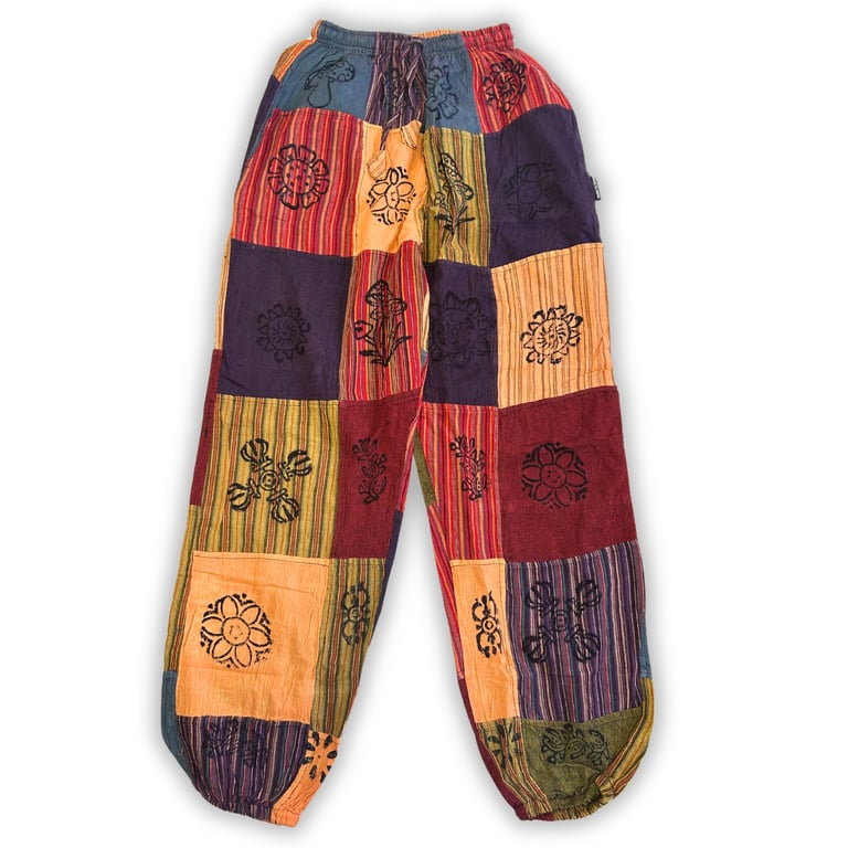 Mushroom Pants - Block Print Designs - Nomad Sari (Orange Tones, S/M)