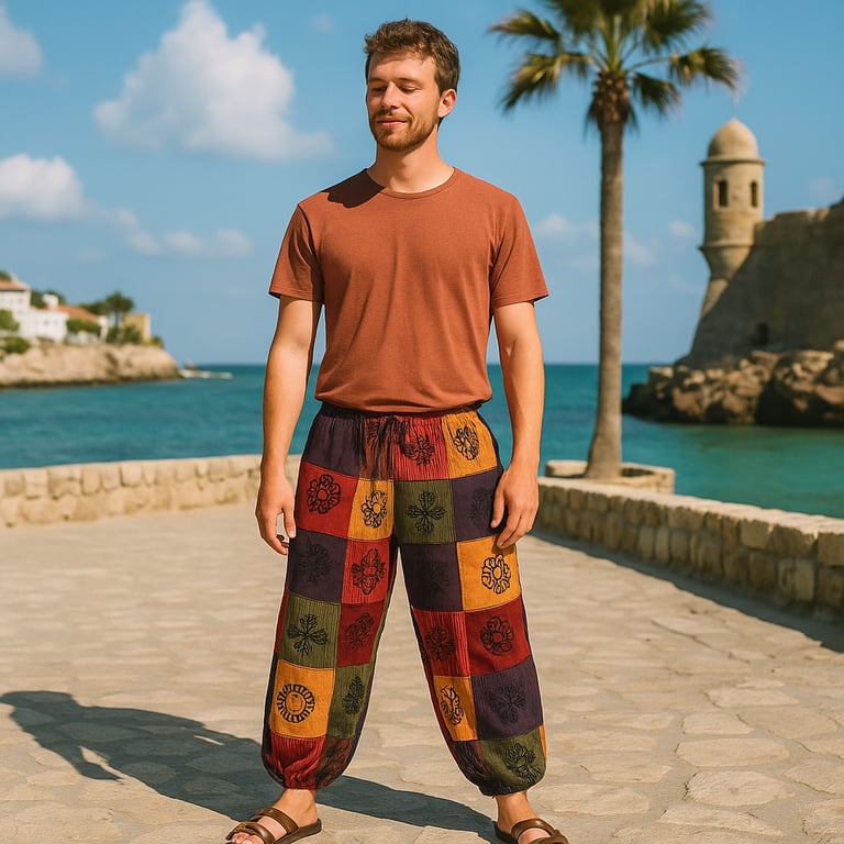 Mushroom Pants (Block Print Designs) - Nomad Sari, Orange Tones L/XL