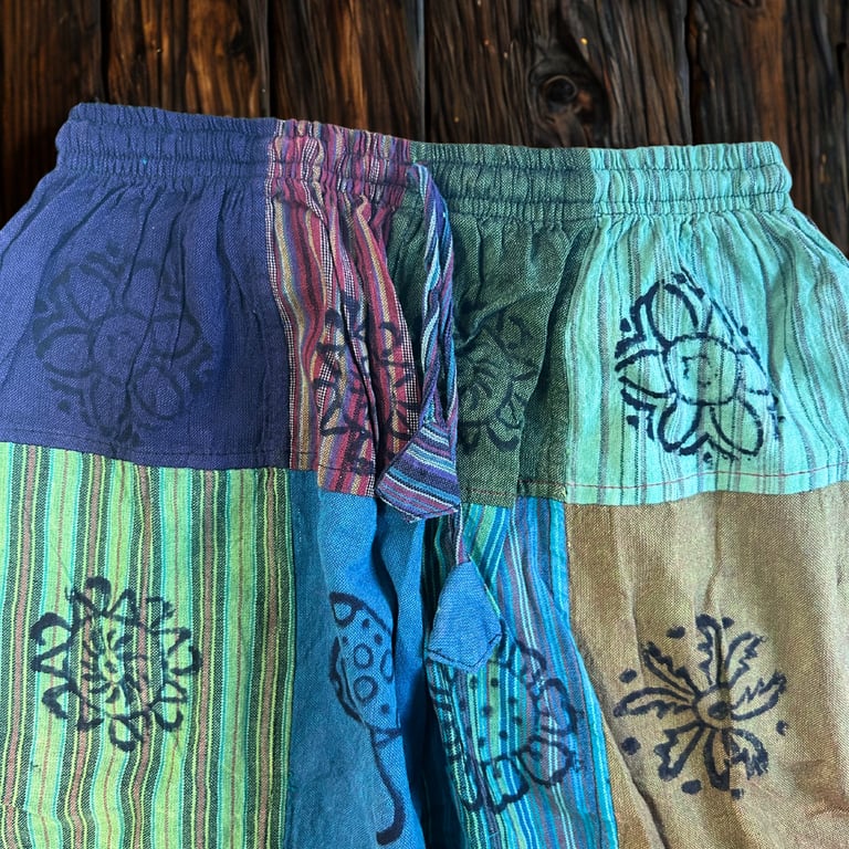 Mushroom Pants - Block Print Designs - Green Tones (Nomad Sari)
