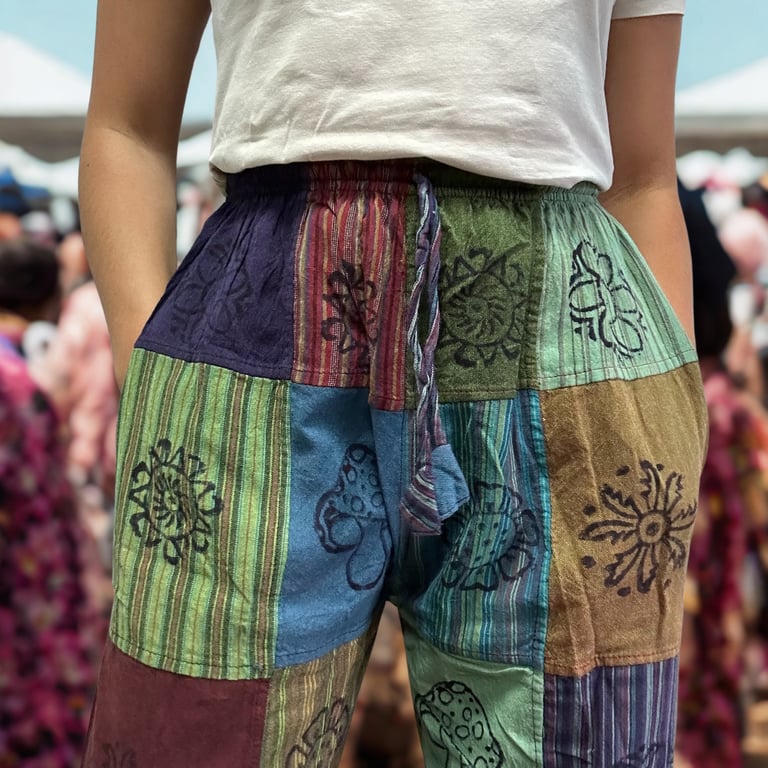 Mushroom Pants - Block Print Designs - Green Tones (Nomad Sari)