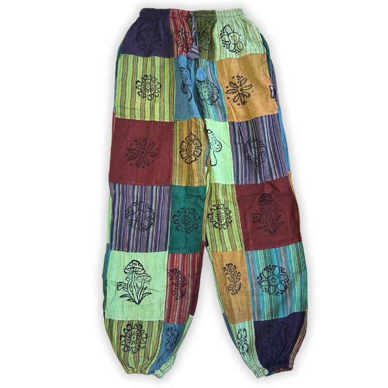 Mushroom Pants - Block Print Designs - Green Tones (Nomad Sari)
