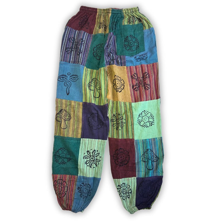 Mushroom Pants - Block Print Designs - Nomad Sari (Green Tones L/XL)