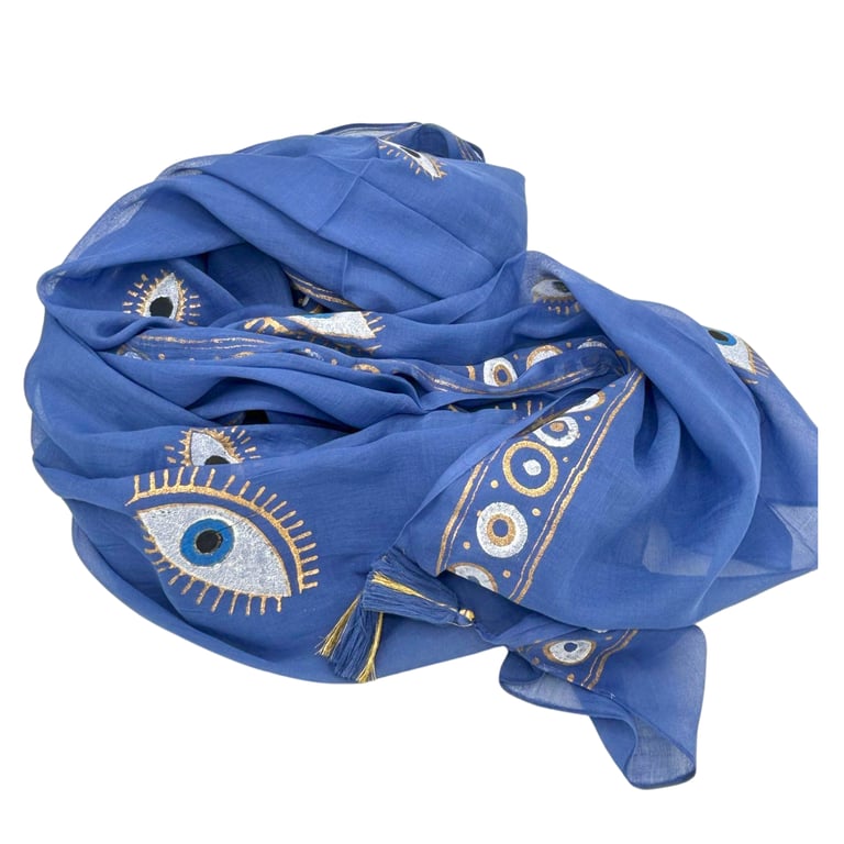 Nomad Sari On the Med Collection - Pario Rich Blue & Gold Hand Painted Evil Eye Design