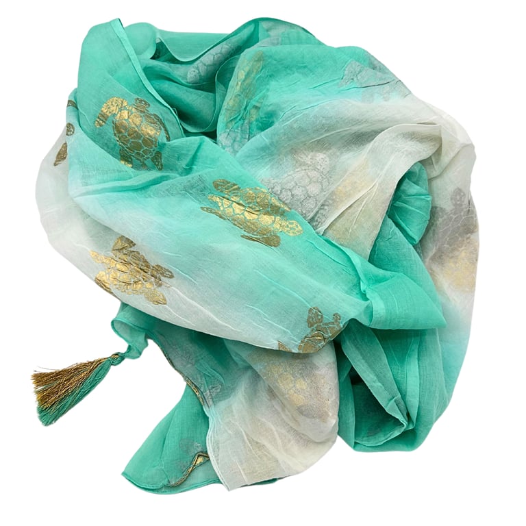 Nomad Sari On the Med Collection Pario White & Turquoise Gold Turtle Design Travel Scarf