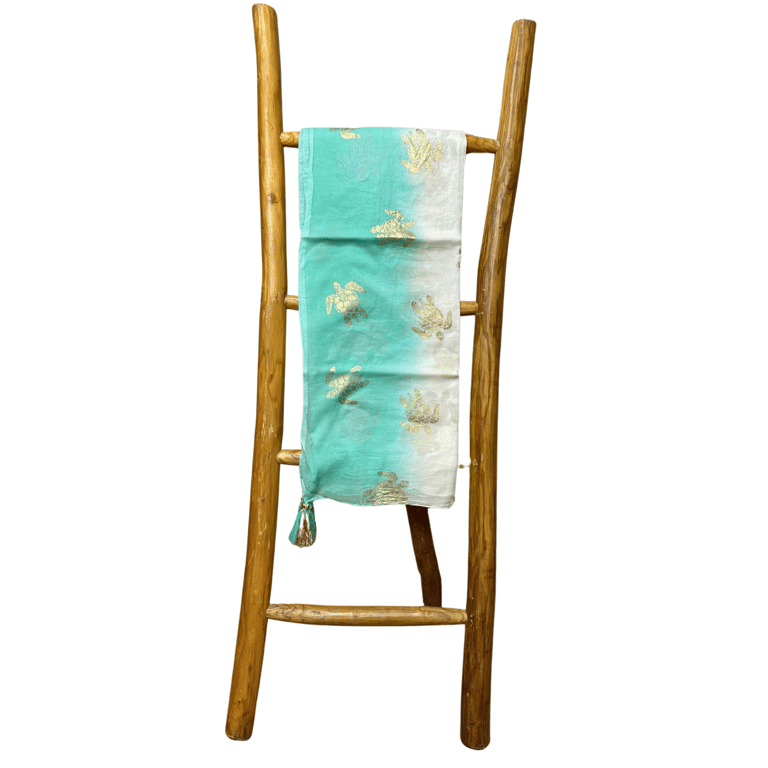 Nomad Sari On the Med Collection Pario White & Turquoise Gold Turtle Design Travel Scarf
