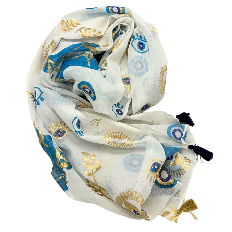Nomad Sari On The Med Collection Evil Eye Pareo Beach Wrap Dress White Blue Gold