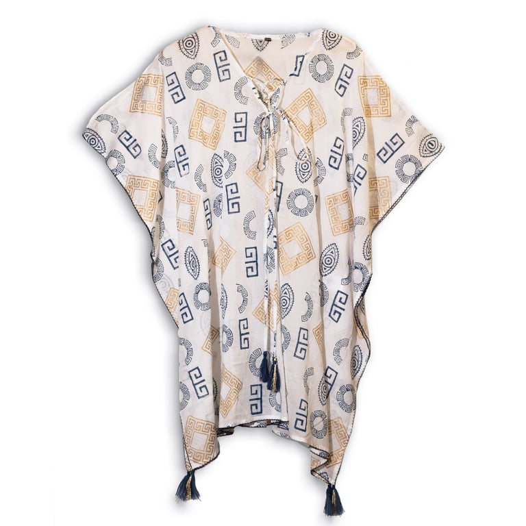 Gold & Blue Greek Motif Kaftan (Handpainted) - Nomad Sari On The Med Collection