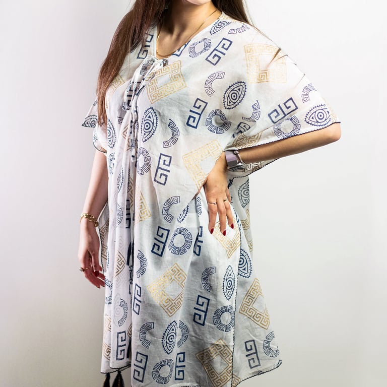 Gold & Blue Greek Motif Kaftan (Handpainted) - Nomad Sari On The Med Collection