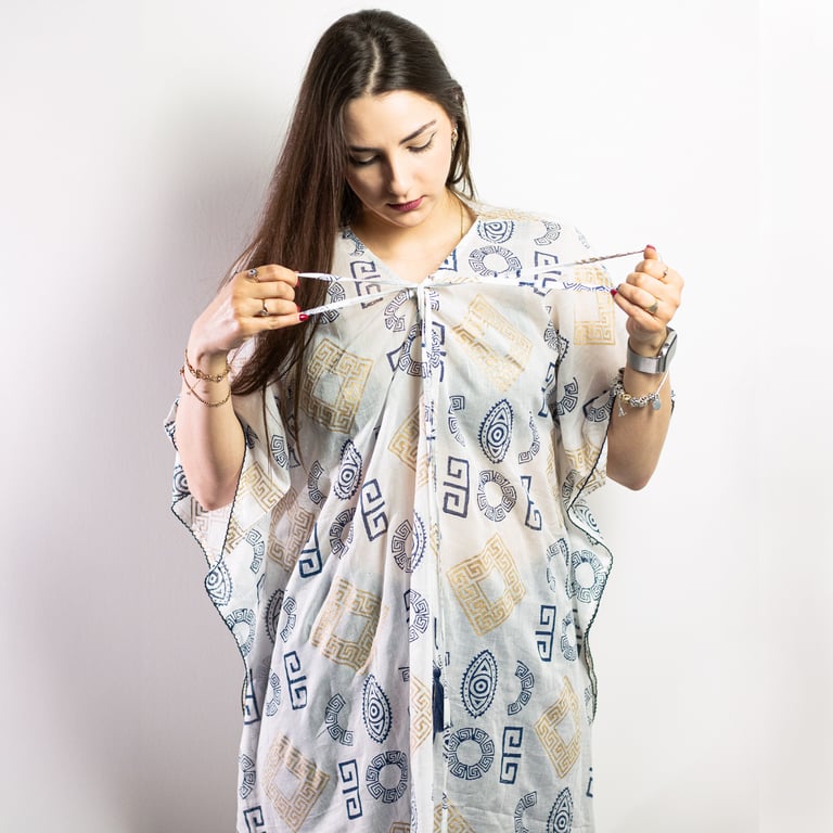 Gold & Blue Greek Motif Kaftan (Handpainted) - Nomad Sari On The Med Collection