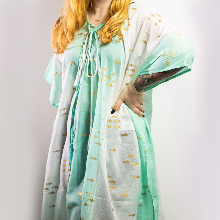 White & Turquoise Gold Fish Design Kaftan - Nomad Sari On the Med Collection