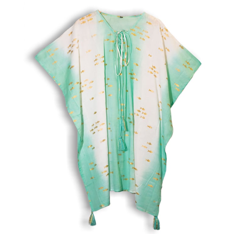 White & Turquoise Gold Fish Design Kaftan - Nomad Sari On the Med Collection