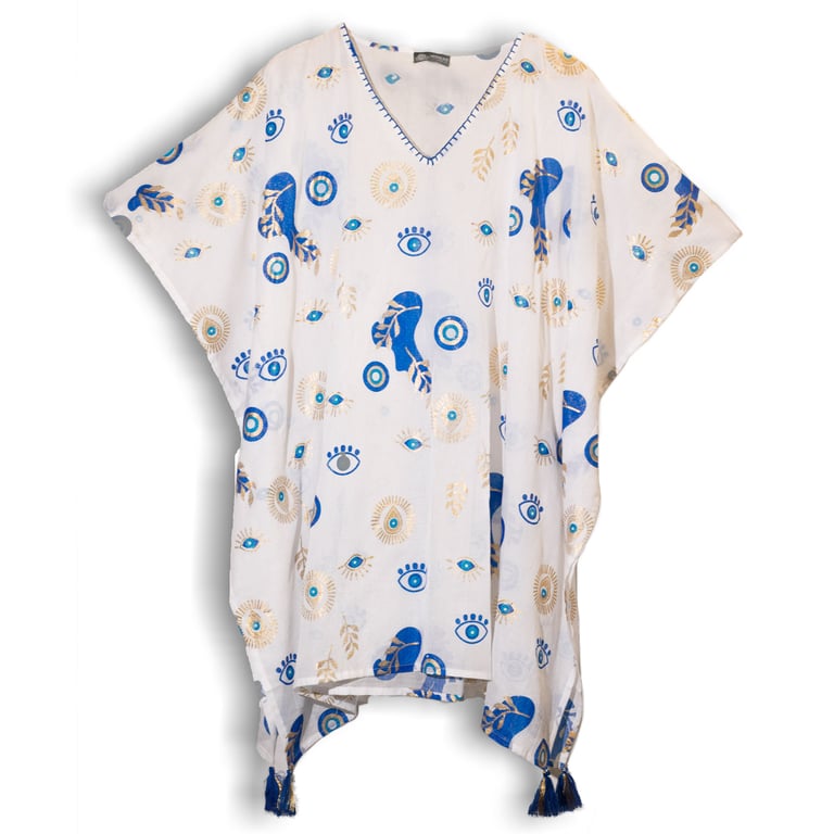 Kaftan - White, Blue & Gold Evil Eye Design - Nomad Sari On The Med Collection
