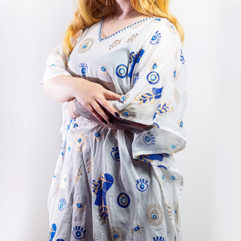 Kaftan - White, Blue & Gold Evil Eye Design - Nomad Sari On The Med Collection