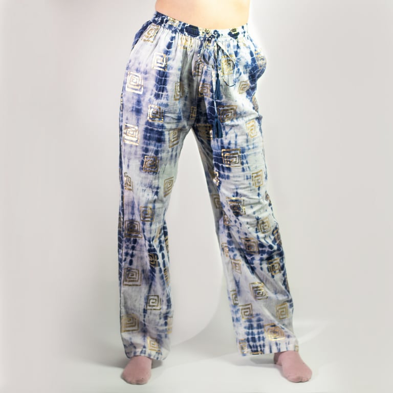 Gold & Blue Greek Motif Lounge Pants - Nomad Sari On The Med Collection