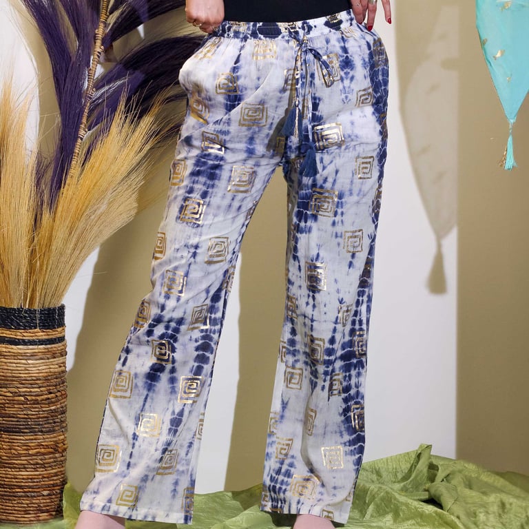 Gold & Blue Greek Motif Handpainted Lounge Pants - (LXL) Nomad Sari On The Med Collection