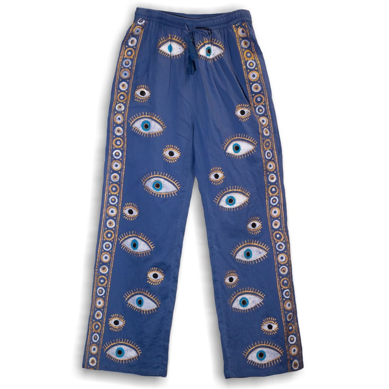 Lounge Pants - Rich Blue & Gold Hand-Painted Evil Eye Design - Nomad Sari On the Med Collection