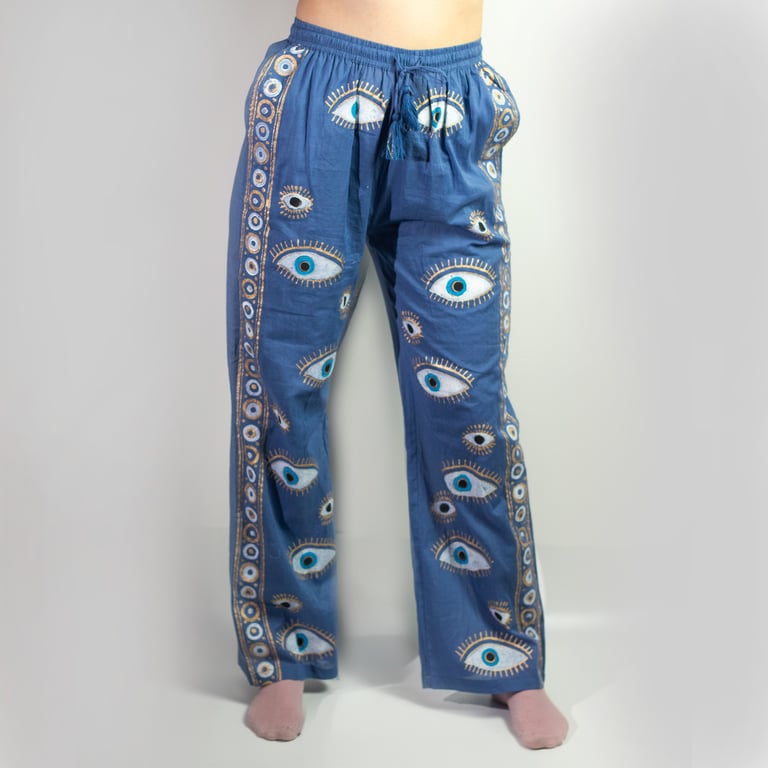 Lounge Pants - Rich Blue & Gold Hand-Painted Evil Eye Design - Nomad Sari On the Med Collection