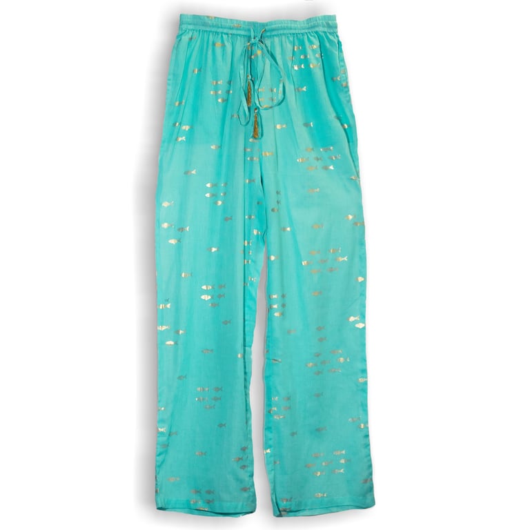 Lounge Pants - Turquoise & Gold Fish Design - Nomad Sari On the Med Collection