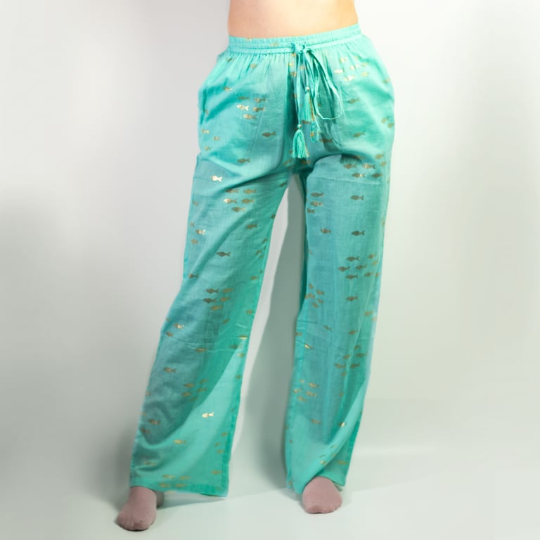Lounge Pants - Turquoise & Gold Fish Design (LXL Nomad Sari On the Med Collection)