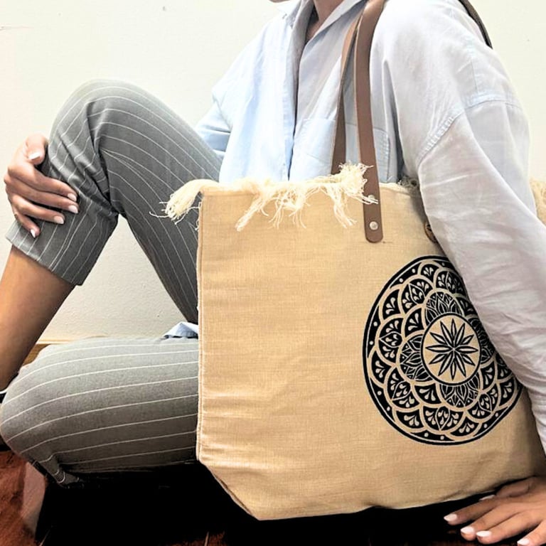 Leather Tote Bag - Natural Material, Mandela Design