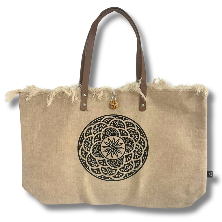 Leather Tote Bag - Natural Material, Mandela Design