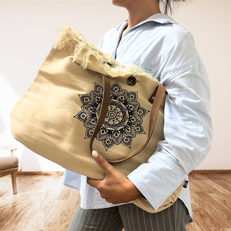 Leather Tote Bag - Flower of Life Design - Natural Material