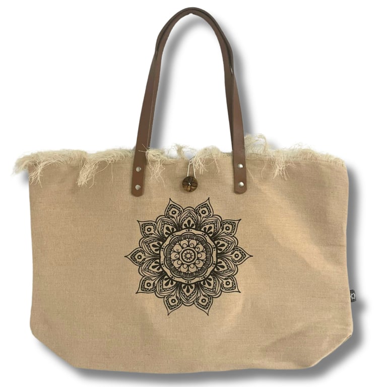 Leather Tote Bag - Flower of Life Design - Natural Material